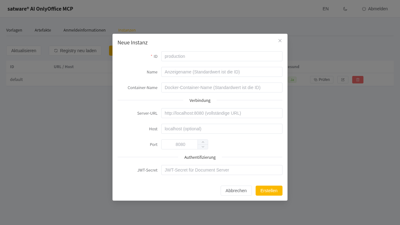 Instance create dialog
